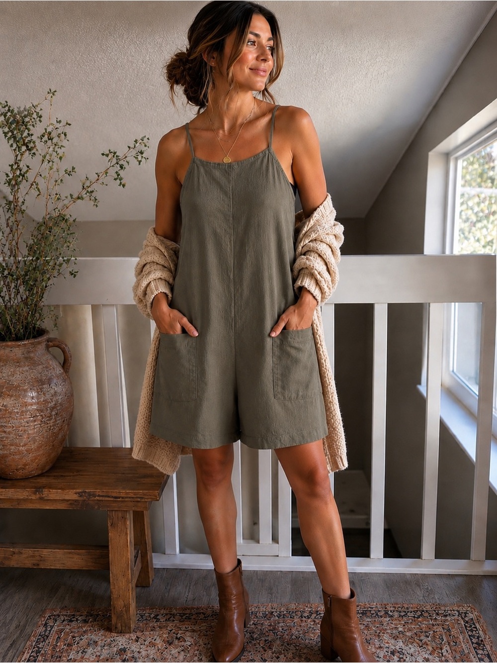 Roxy Girls Size 14 XL Sage Green Romper Jumpsuit Pocket Casual Boho